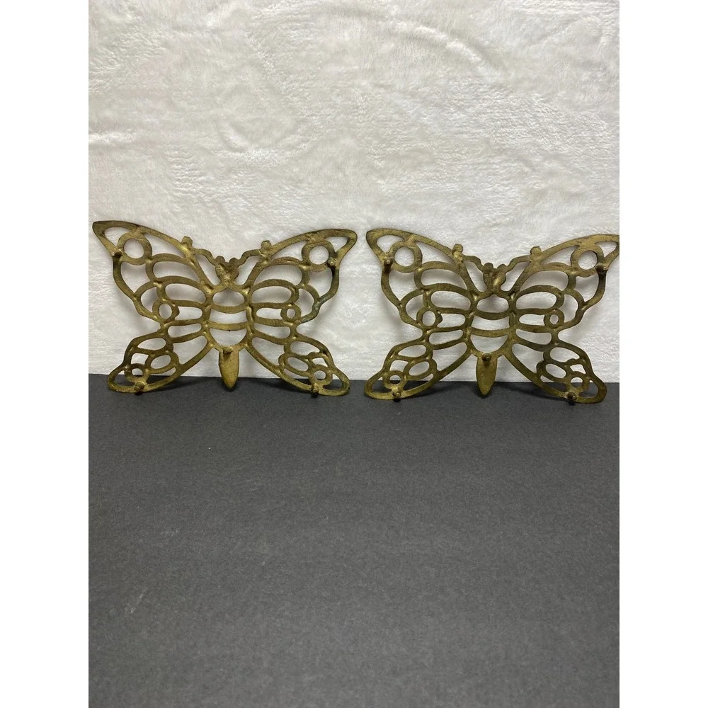 VTG Pair of Brass Butterfly Trivets Hot Plates MCM Pot Holder Wall‎ Decor